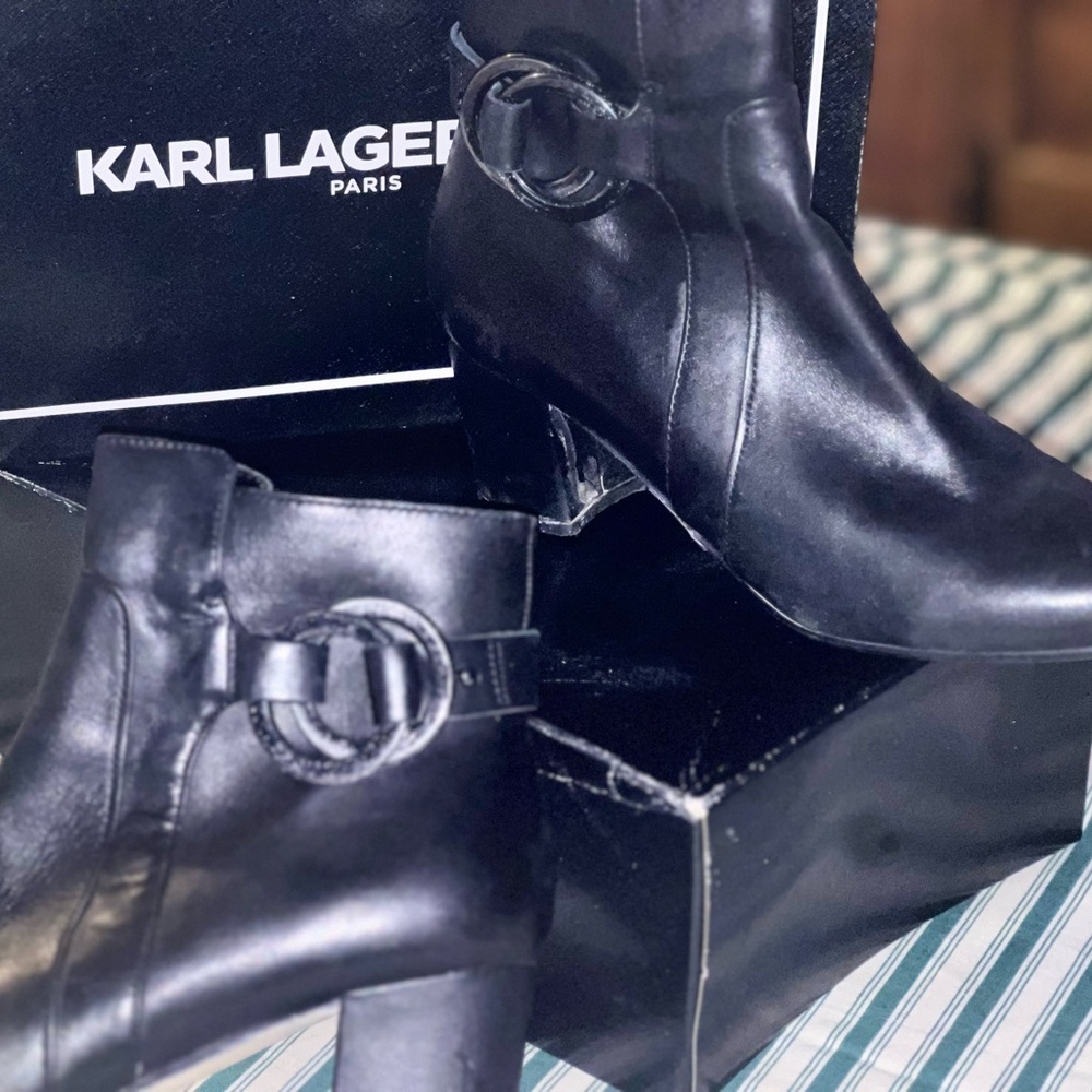 Karl Lagerfeld Black Heeled Boots with Buckle Detail